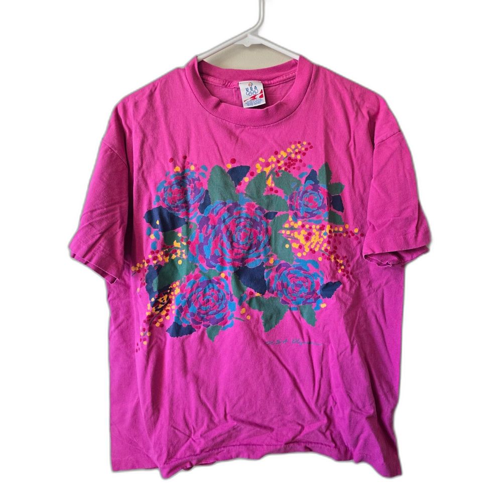 Vintage USA Olympic Puff Graphic Shirt Floral Pastel Bright Pink Flowers 80s/90s